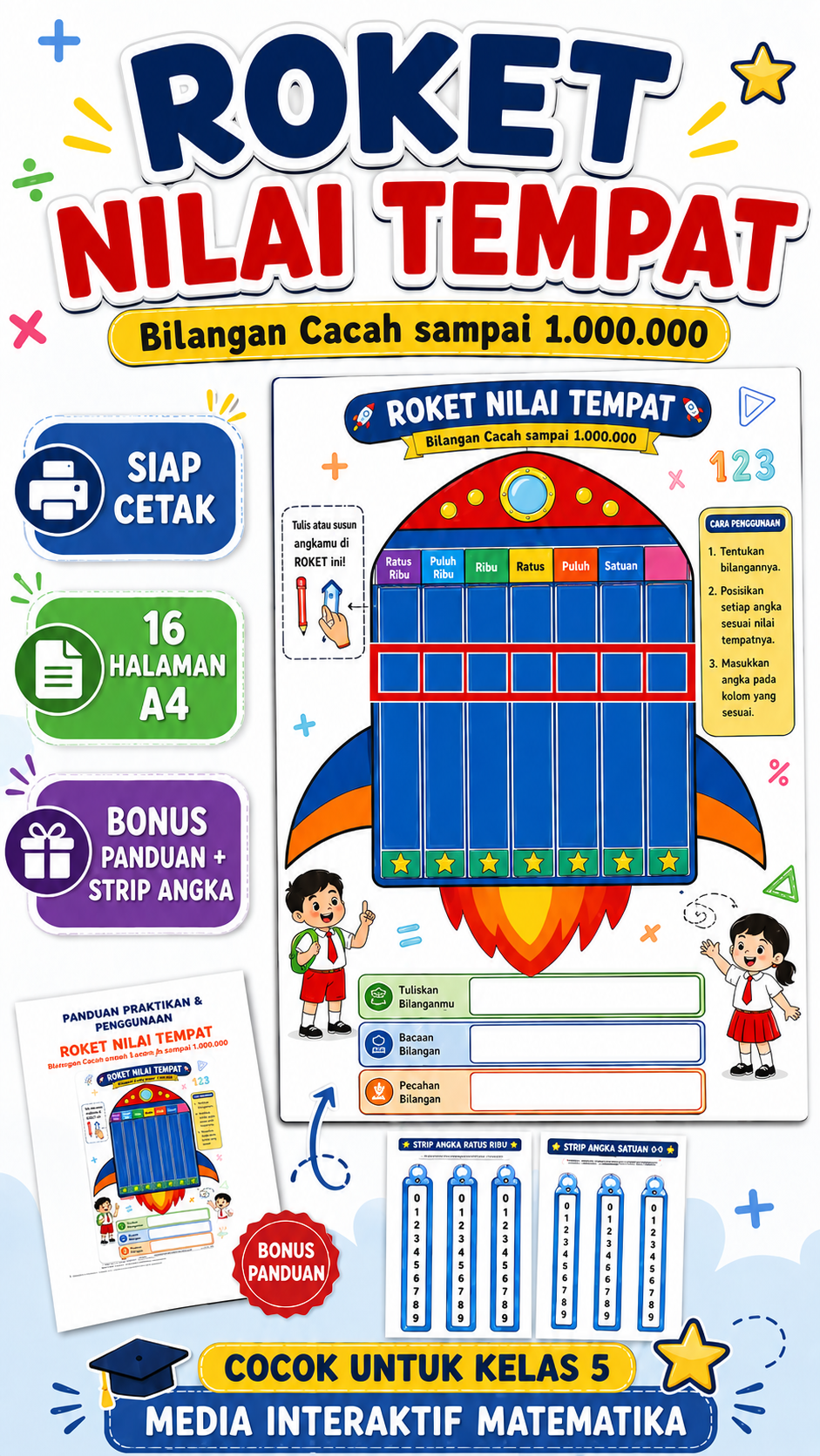 Pratinjau Roket Nilai Tempat Kelas 5 — Media Interaktif Bilangan sampai 1.000.000 Siap Cetak A4 2