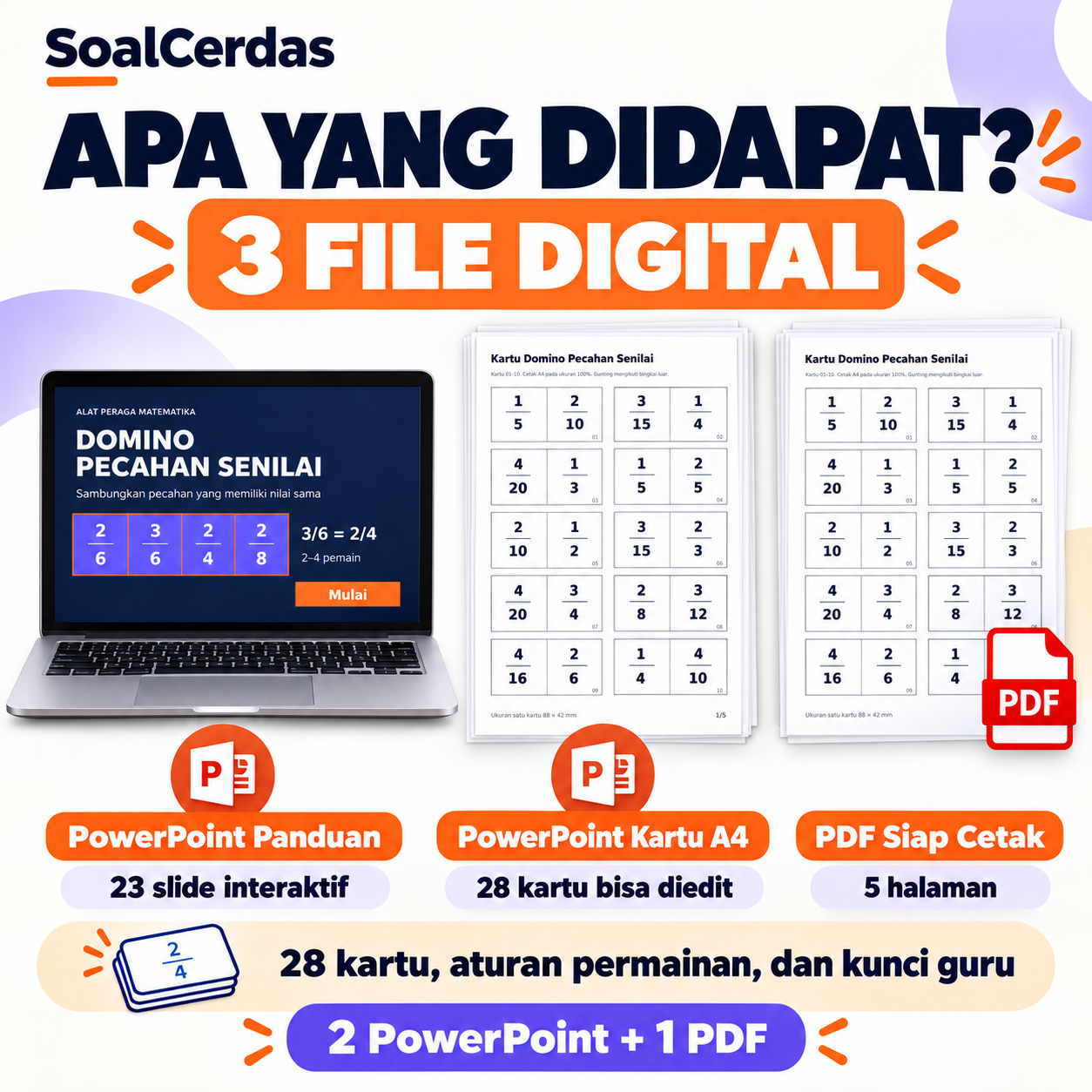 Pratinjau Domino Pecahan Senilai — 28 Kartu Siap Cetak + PowerPoint Interaktif 2