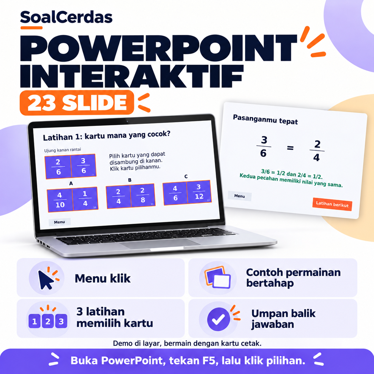 Pratinjau Domino Pecahan Senilai — 28 Kartu Siap Cetak + PowerPoint Interaktif 3