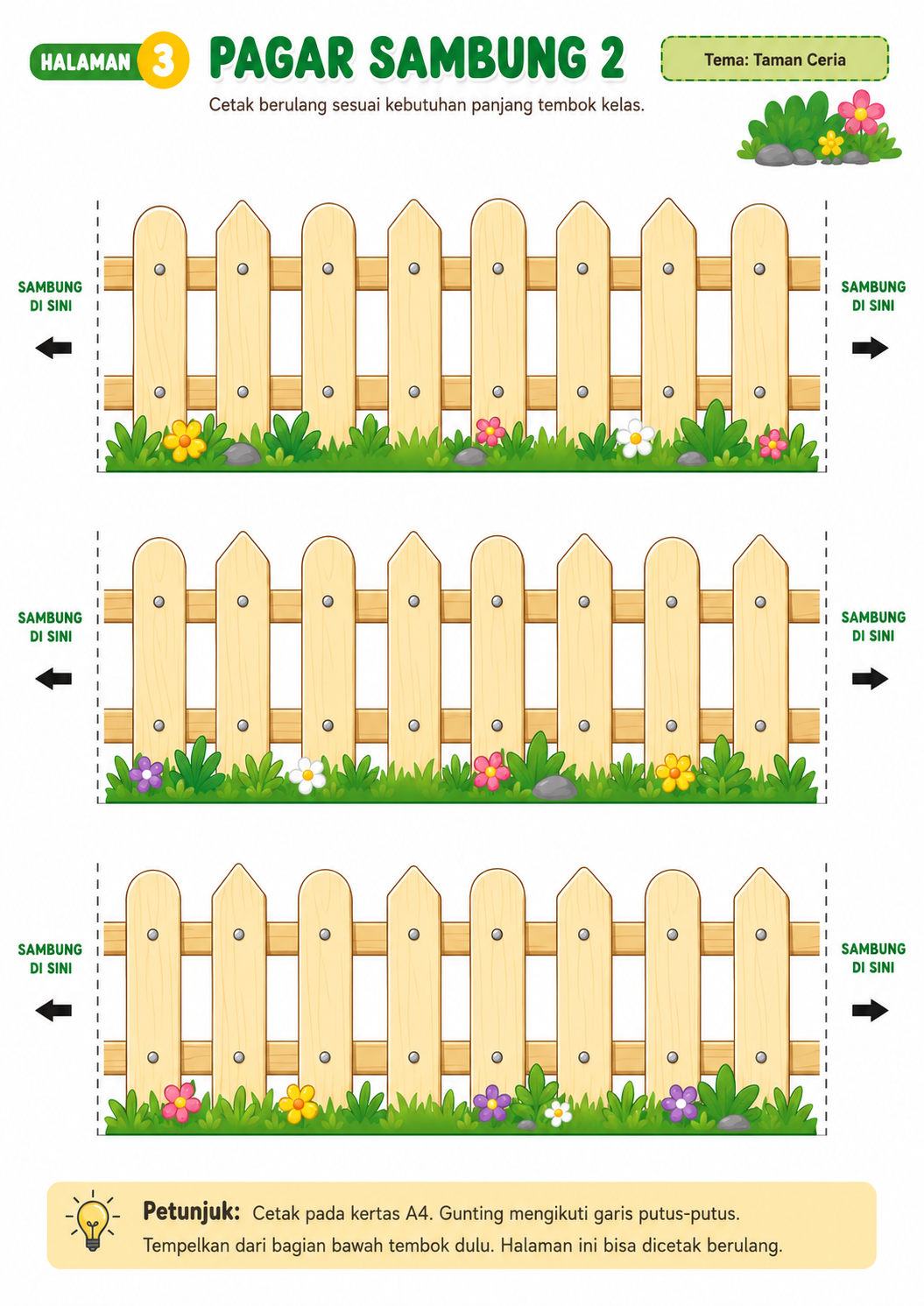 Pratinjau Dekorasi Taman Kelas Siap Cetak — Pagar, Rumput, Bunga, Pot, Jamur & Batu A4 3