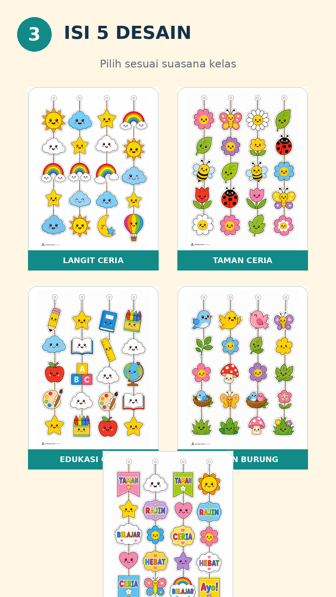 Pratinjau Hiasan Gantung Kaca Kelas — 5 Desain Ceria PNG HD + PDF Siap Cetak 2