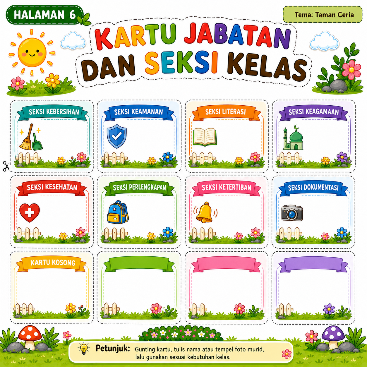 Pratinjau Paket Area Fungsi Kelas Tema Taman Ceria — 13 Printable A4 + Canva Editable 2