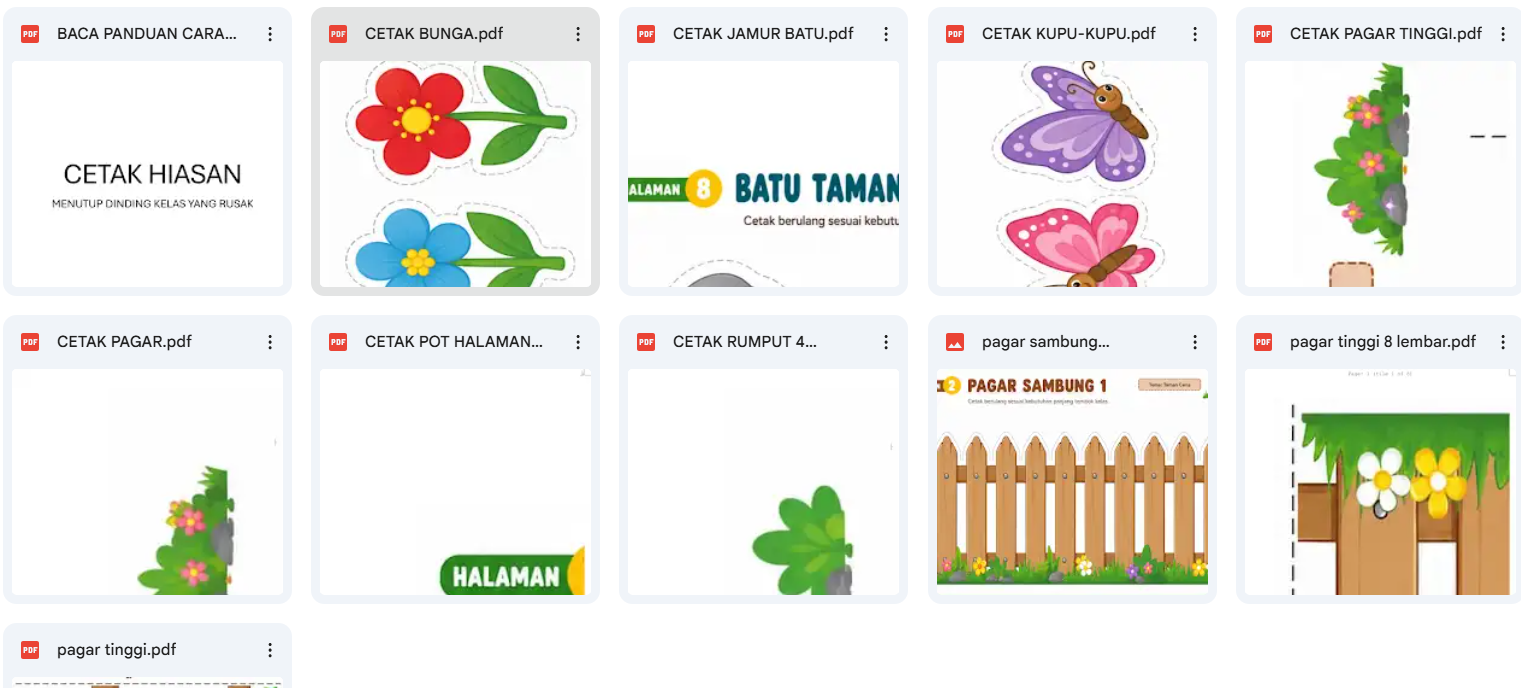 Pratinjau Dekorasi Taman Kelas Versi Cetak Besar — Pagar, Rumput, Pot, Jamur & Batu Siap Print 2