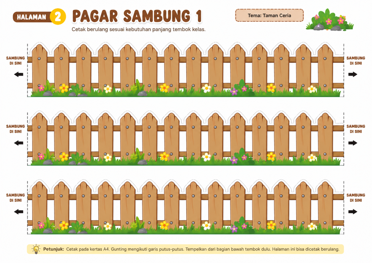 Pratinjau Dekorasi Taman Kelas Siap Cetak — Pagar, Rumput, Bunga, Pot, Jamur & Batu A4 2