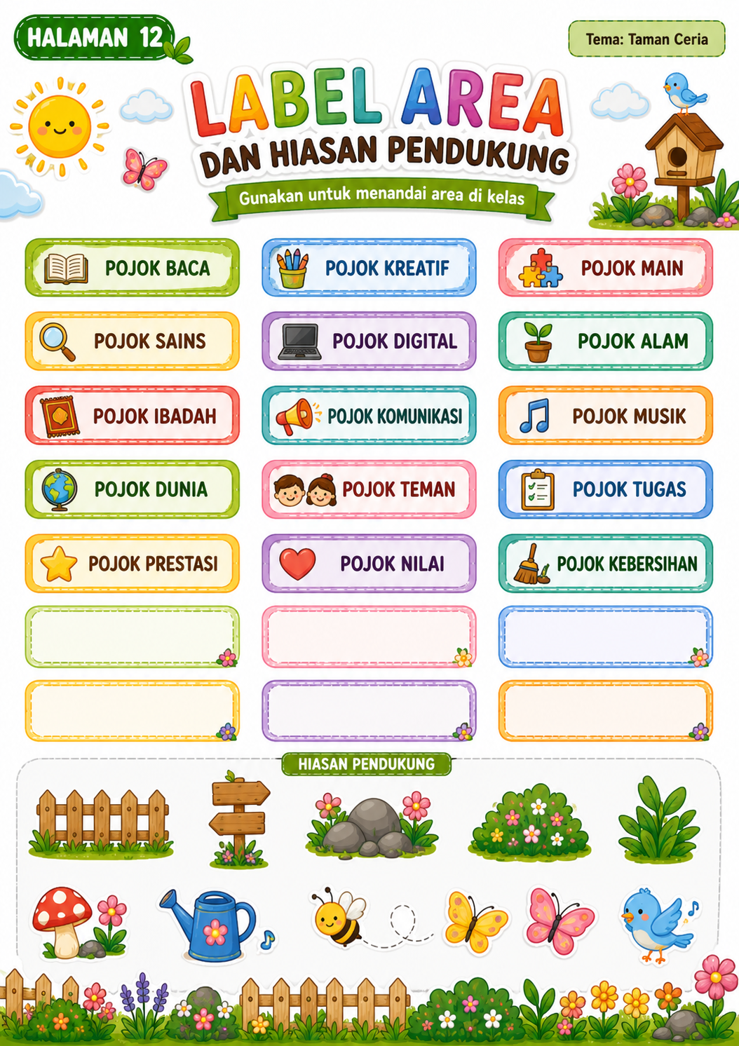 Pratinjau Paket Area Fungsi Kelas Tema Taman Ceria — 13 Printable A4 + Canva Editable 3