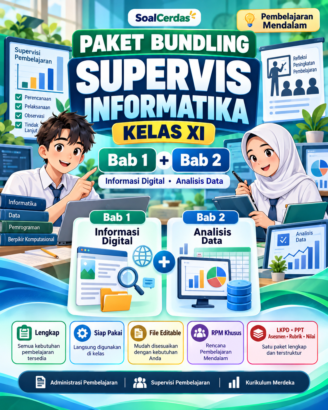 Cover Paket Bundling Supervisi Informatika Kelas XI Bab 1–2 | Informasi Digital + Analisis Data | Pembelajaran Mendalam