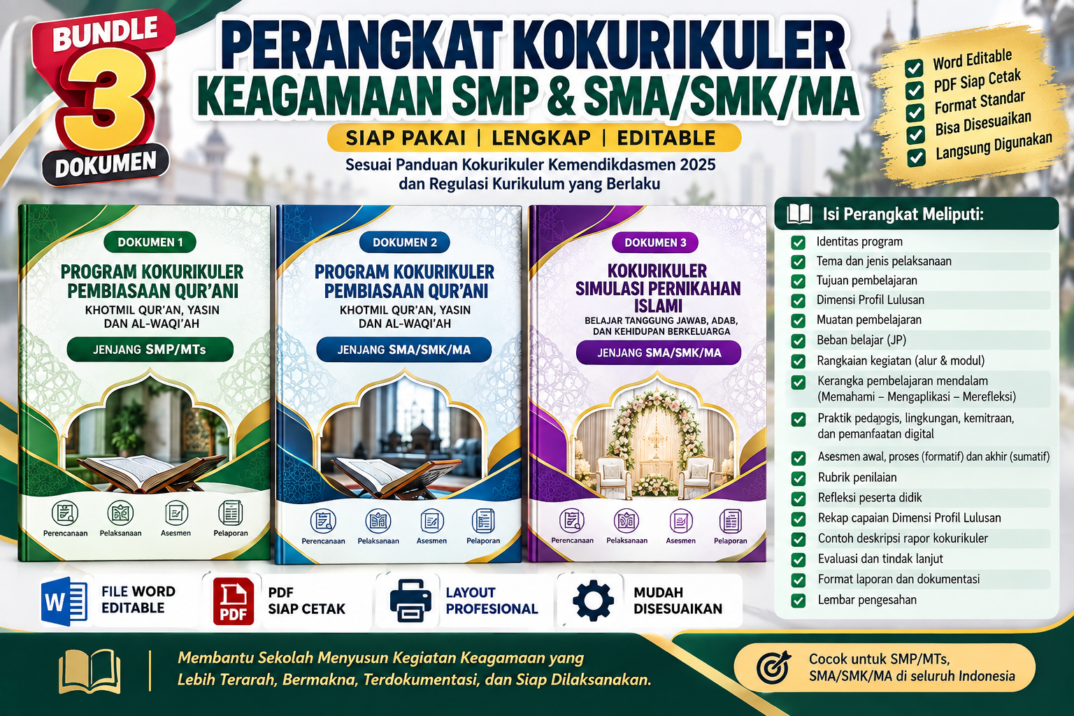 Cover Bundle 3 Perangkat Kokurikuler Keagamaan SMP/MTs & SMA/SMK/MA – Khotmil Qur’an, Yasin, Al-Waqi’ah + Simulasi Pernikahan Islami