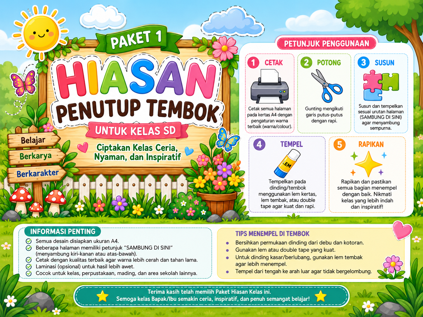 Cover Dekorasi Taman Kelas Versi Cetak Besar — Pagar, Rumput, Pot, Jamur & Batu Siap Print