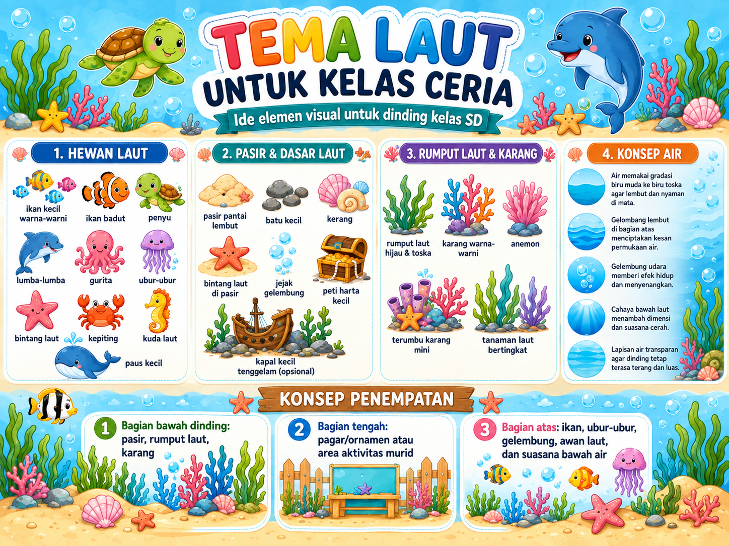 Cover Paket Hiasan Dinding Kelas Tema Laut — 32 Halaman A4 PDF + PNG HD Siap Cetak