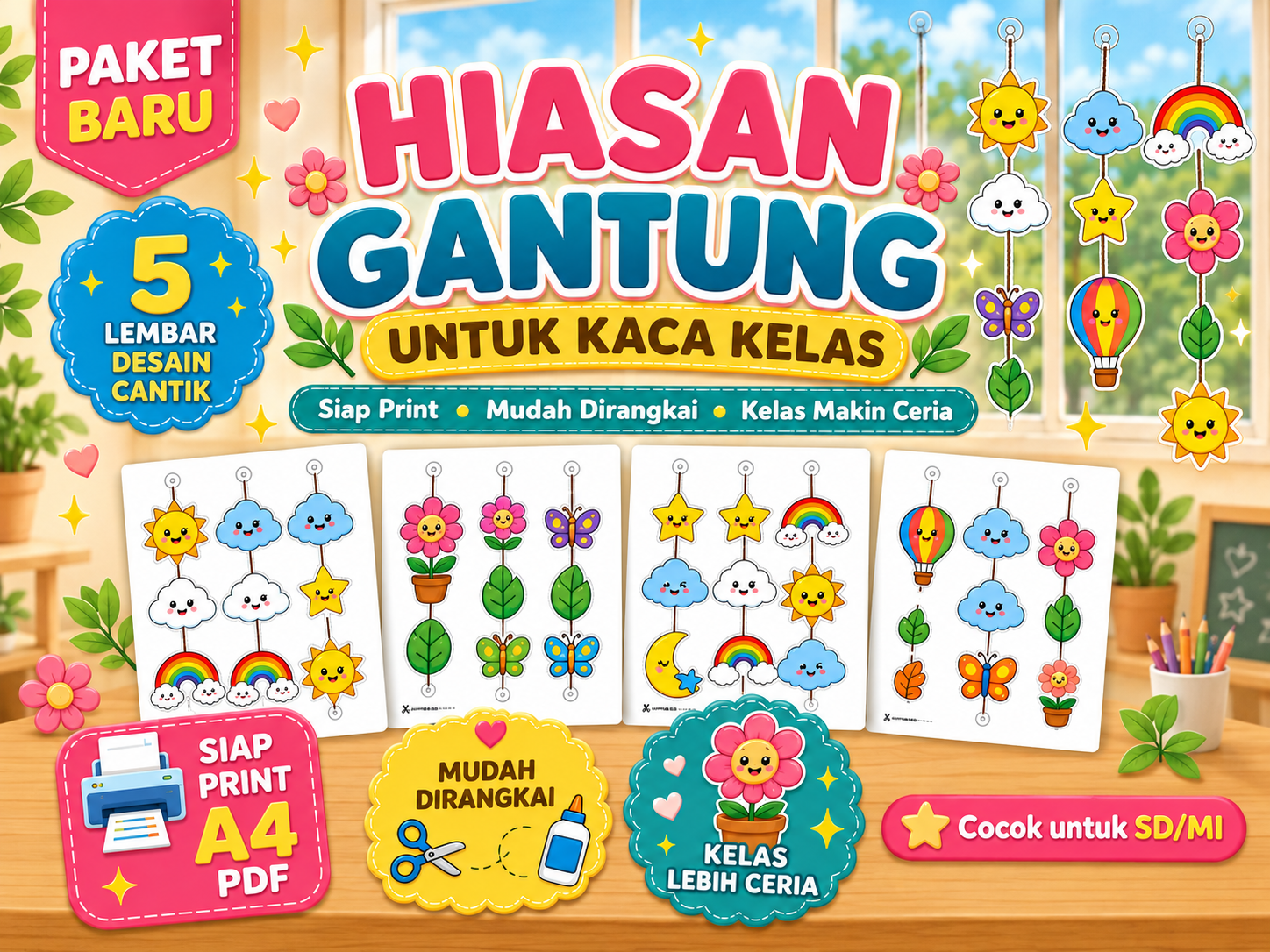 Cover Hiasan Gantung Kaca Kelas — 5 Desain Ceria PNG HD + PDF Siap Cetak