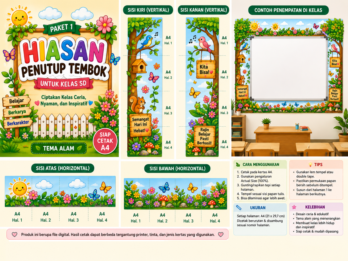 Cover Hiasan Pinggiran Papan Tulis Tema Alam SD — 17 PNG HD + PDF Siap Cetak