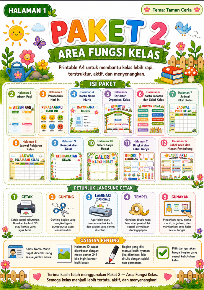 Cover Paket Area Fungsi Kelas Tema Taman Ceria — 13 Printable A4 + Canva Editable