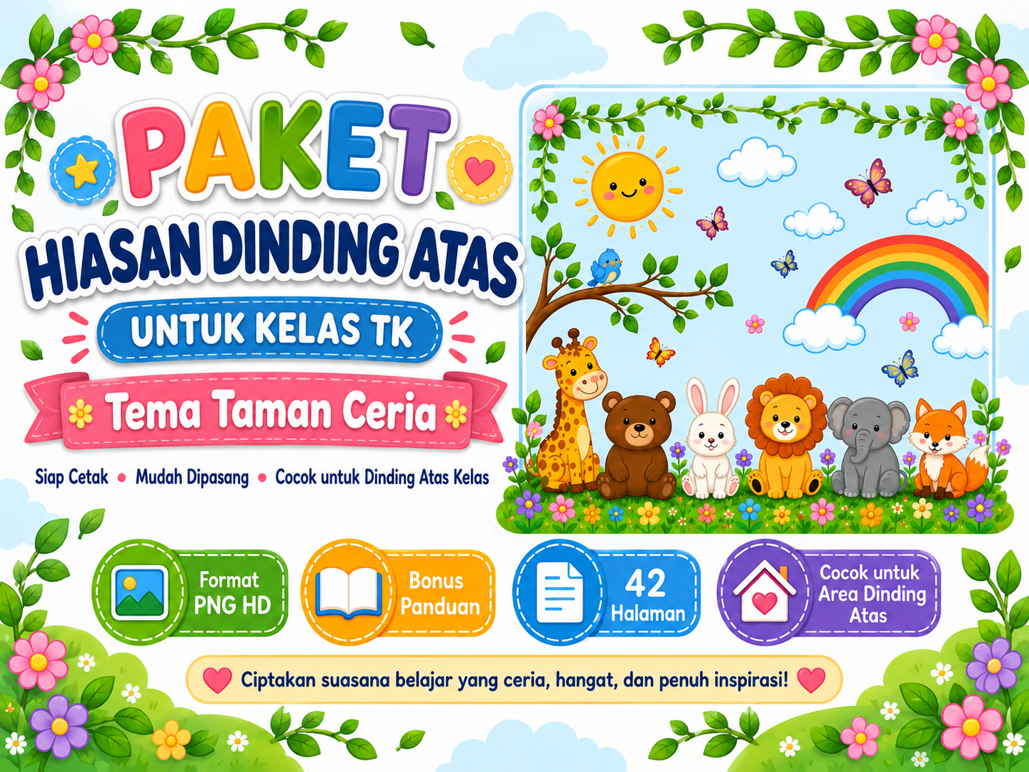 Cover Mural Tempel Atas Kelas Tema Taman Ceria — 42 Desain PNG HD Siap Cetak