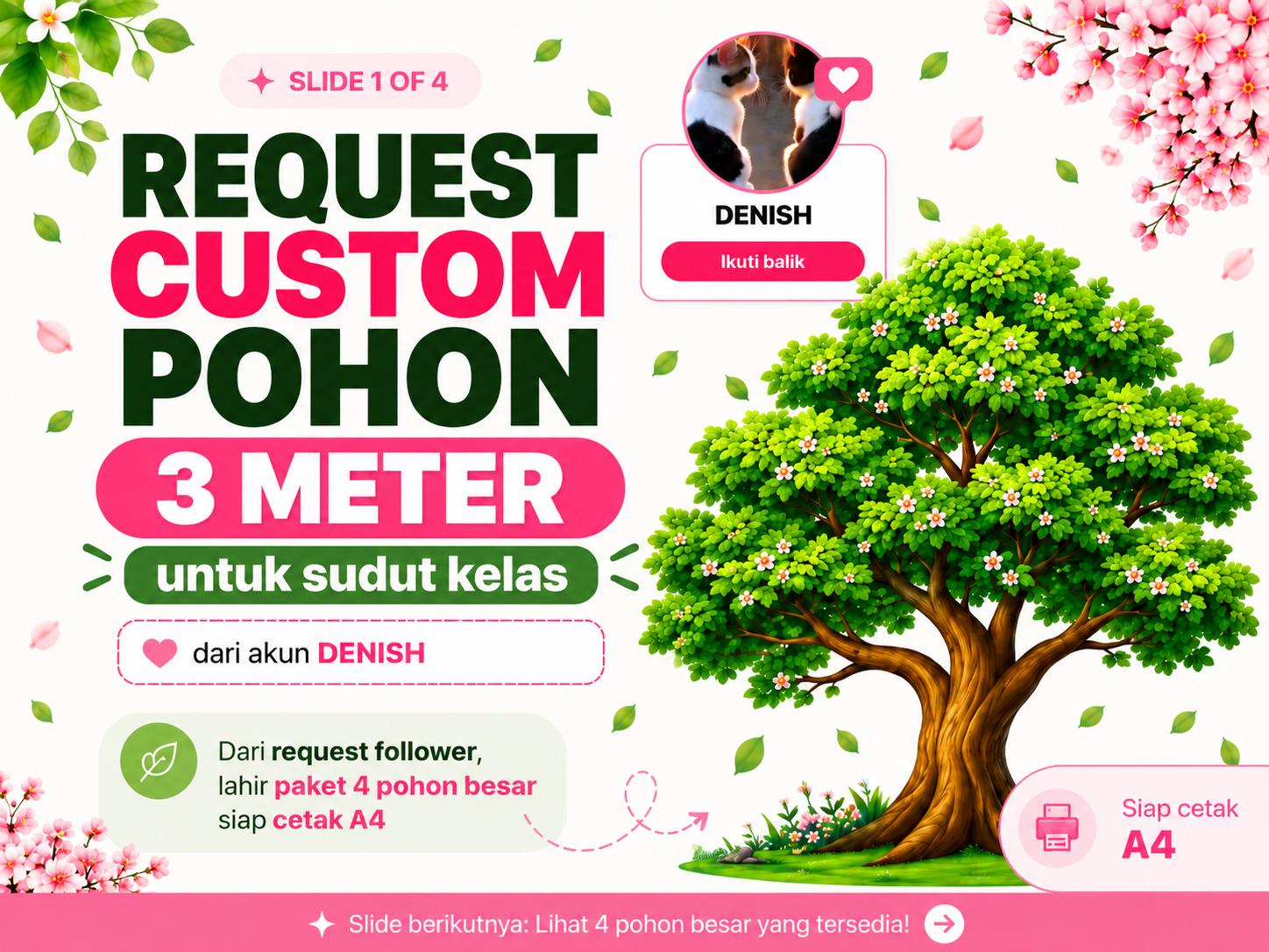 Cover Paket 4 Pohon Besar Dekorasi Kelas ±3 Meter — PDF A4 Siap Cetak + Border & Ornamen