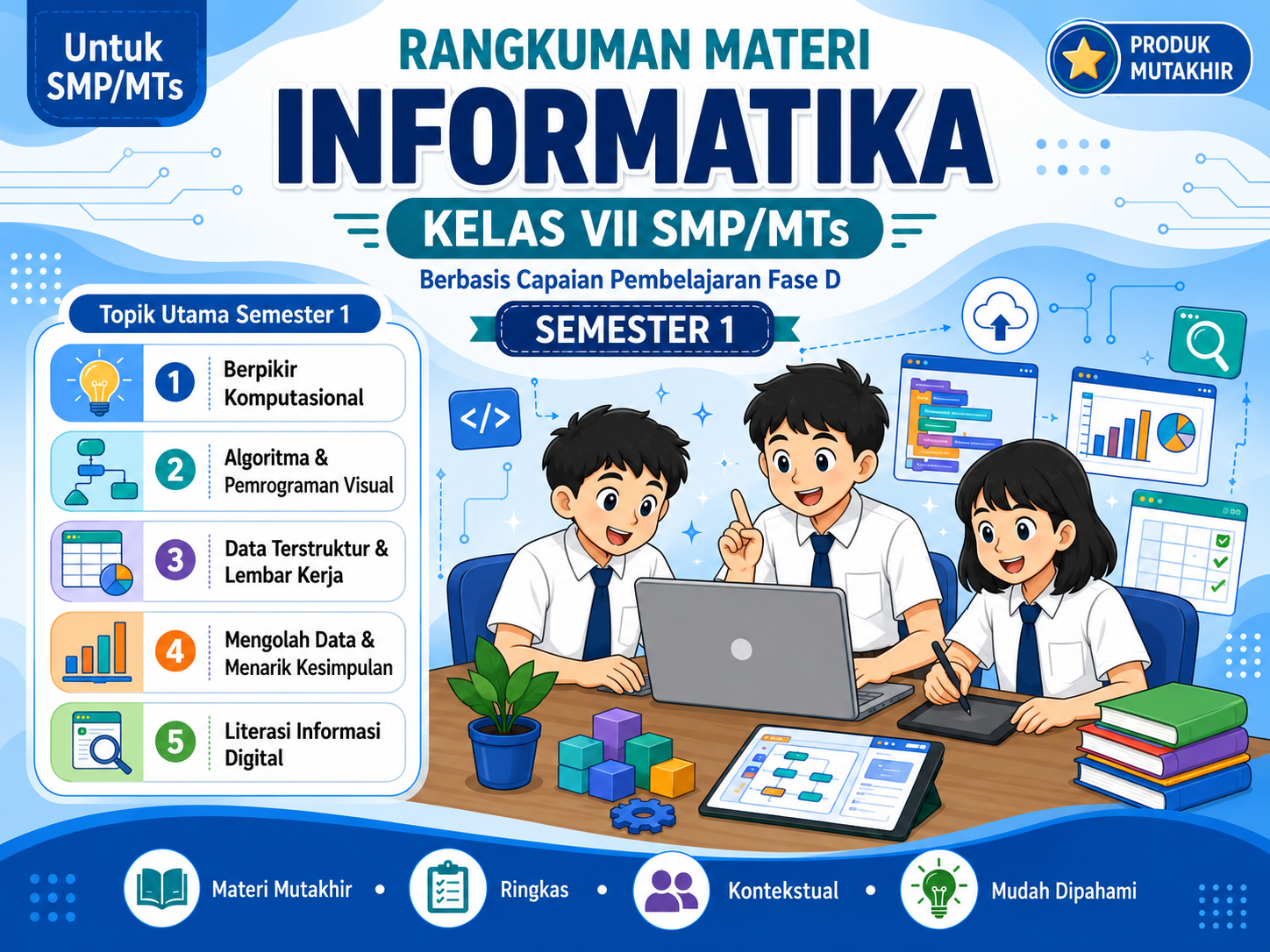 Cover Rangkuman Informatika Kelas 7 SMP/MTs Semester 1 — 5 Bab, 37 Halaman