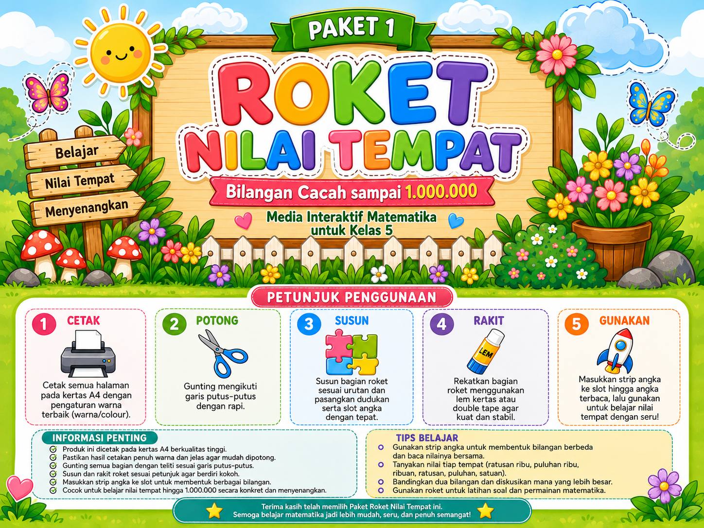 Cover Roket Nilai Tempat Kelas 5 — Media Interaktif Bilangan sampai 1.000.000 Siap Cetak A4